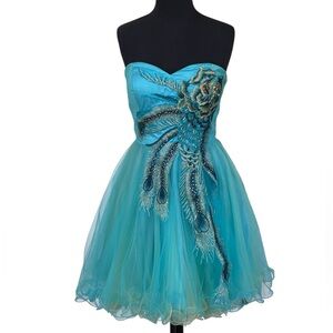 Chicas Turquoise Strapless Tulle Dress Sz L Peacock Appliqué Short Ruffle Layers